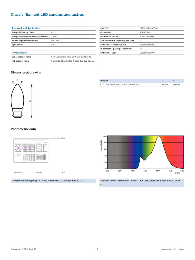 Philips Classic LED Candle ND 2-25W B35 B22 827