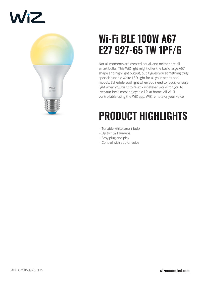 WiZ Tunable White E27 Edison Screw Smart Connected WiFi Light Bulb 100W Cool to Warm White Light