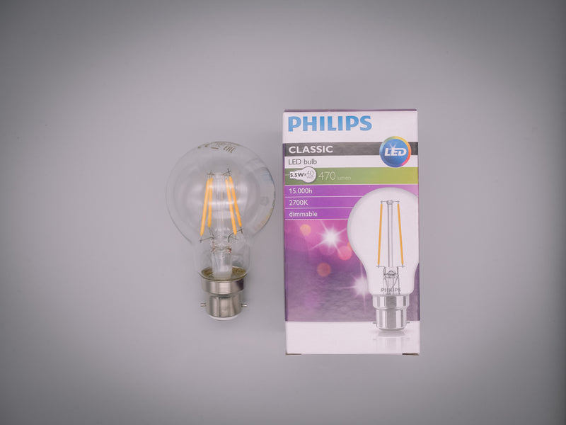 Philips 5.5w = 40w BC B22 Bayonet Cap LED Filament A60 Dimmable GLS Lightbulb