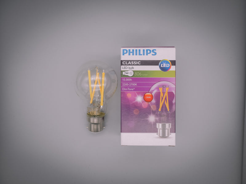 Philips 7w = 60w BC B22 Very Warm White Clear CRI90 DimTone LED GLS Lightbulb