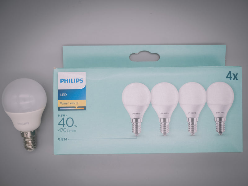 Philips  5.5w = 50w SES E14 Small Screw Cap Warm White LED Golfball Bulbs 4 x Pack